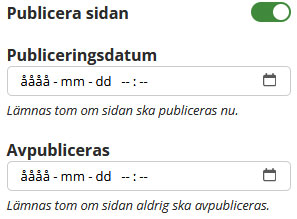 Skärmdump av publiceringsfunktionen för sidor och nyheter.