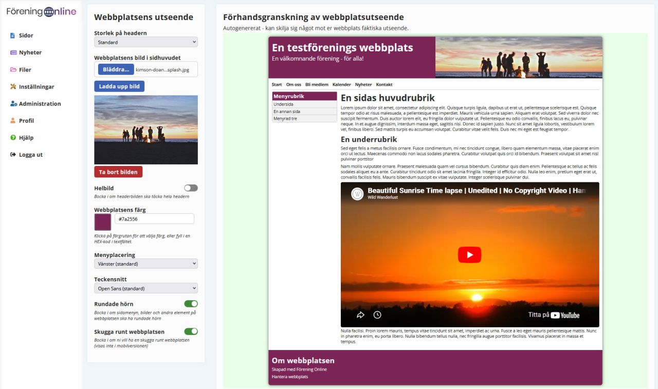 Webbplatstema inställningar